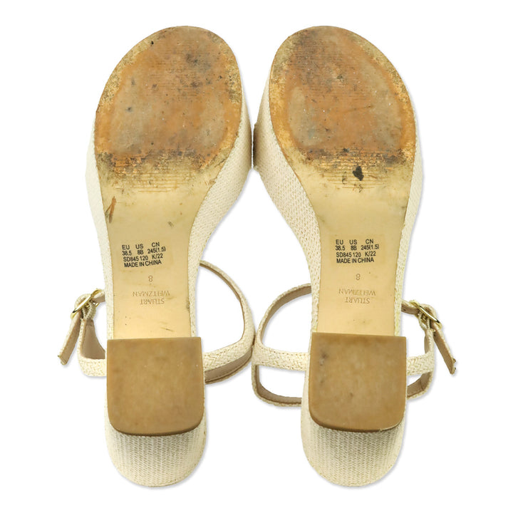 Stuart Weitzman Cream Woven Raffia Dancer Ankle-Strap Platform Sandal