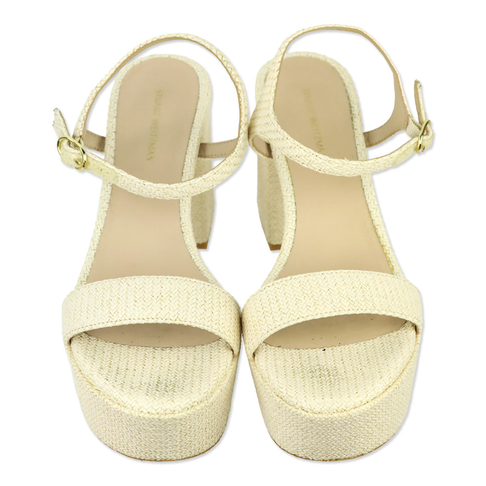 Stuart Weitzman Cream Woven Raffia Dancer Ankle-Strap Platform Sandal