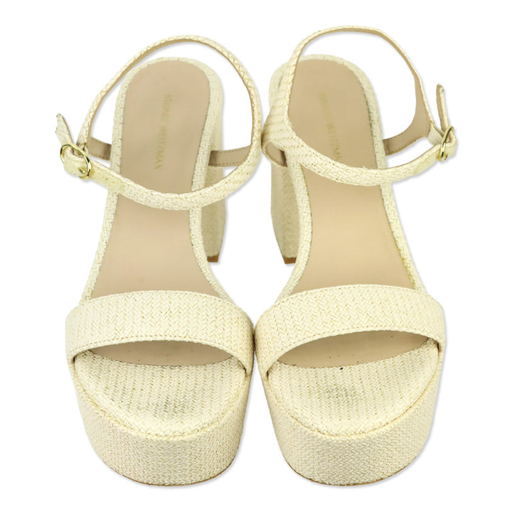 Stuart Weitzman Cream Woven Raffia Dancer Ankle-Strap Platform Sandal