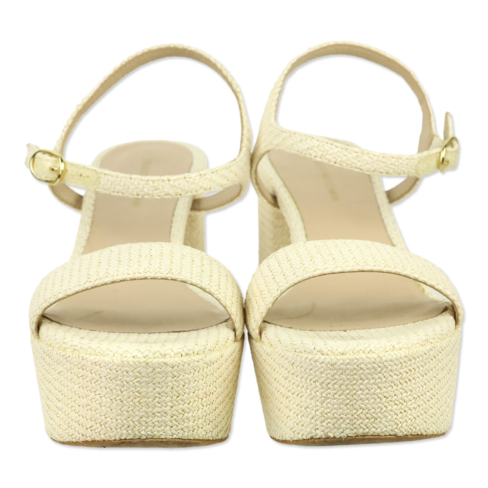 Stuart Weitzman Cream Woven Raffia Dancer Ankle-Strap Platform Sandal