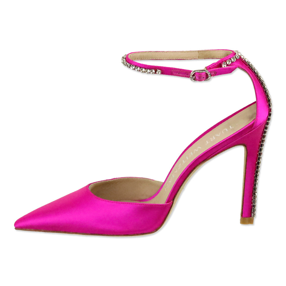 Stuart Weitzman Flamingo Satin Stuart Glam 100 Strap Pumps