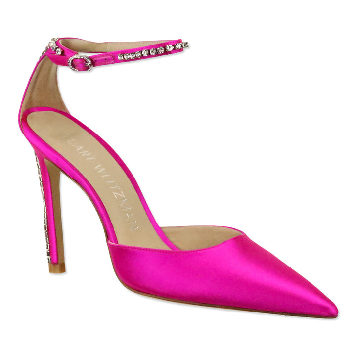 Stuart Weitzman Flamingo Satin Stuart Glam 100 Strap Pumps