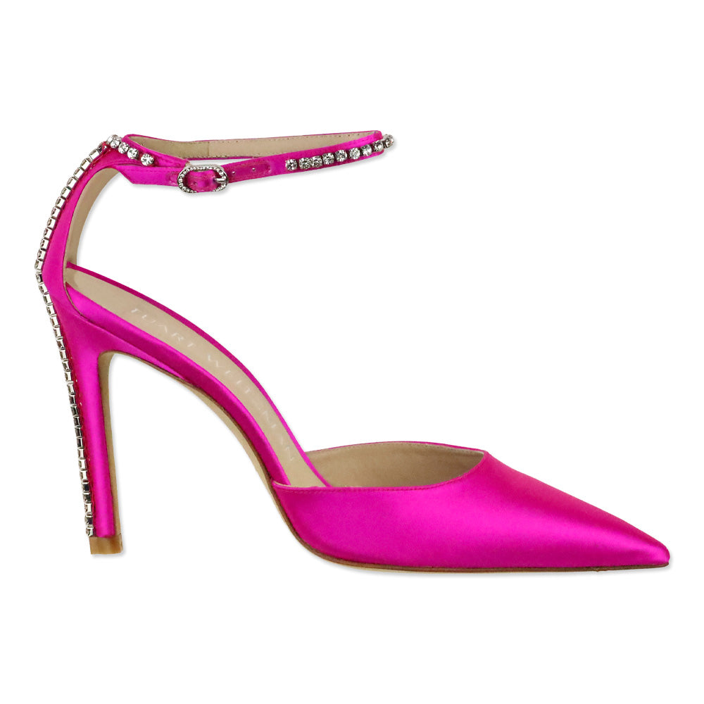 Stuart Weitzman Flamingo Satin Stuart Glam 100 Strap Pumps