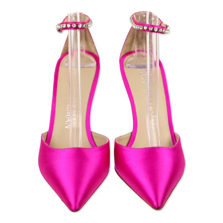 Stuart Weitzman Flamingo Satin Stuart Glam 100 Strap Pumps