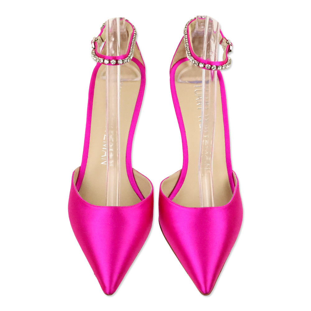 Stuart Weitzman Flamingo Satin Stuart Glam 100 Strap Pumps