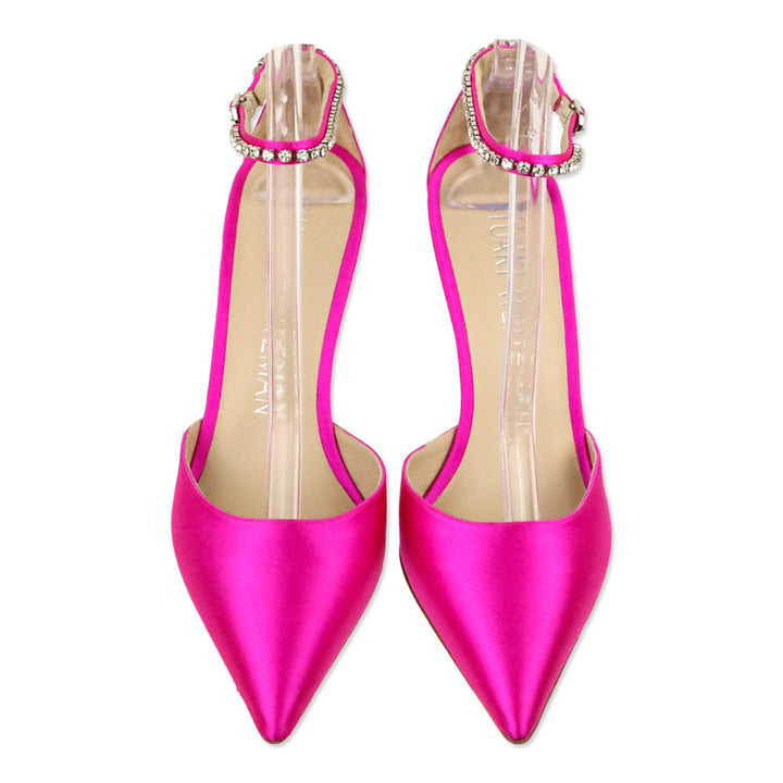 Stuart Weitzman Flamingo Satin Stuart Glam 100 Strap Pumps