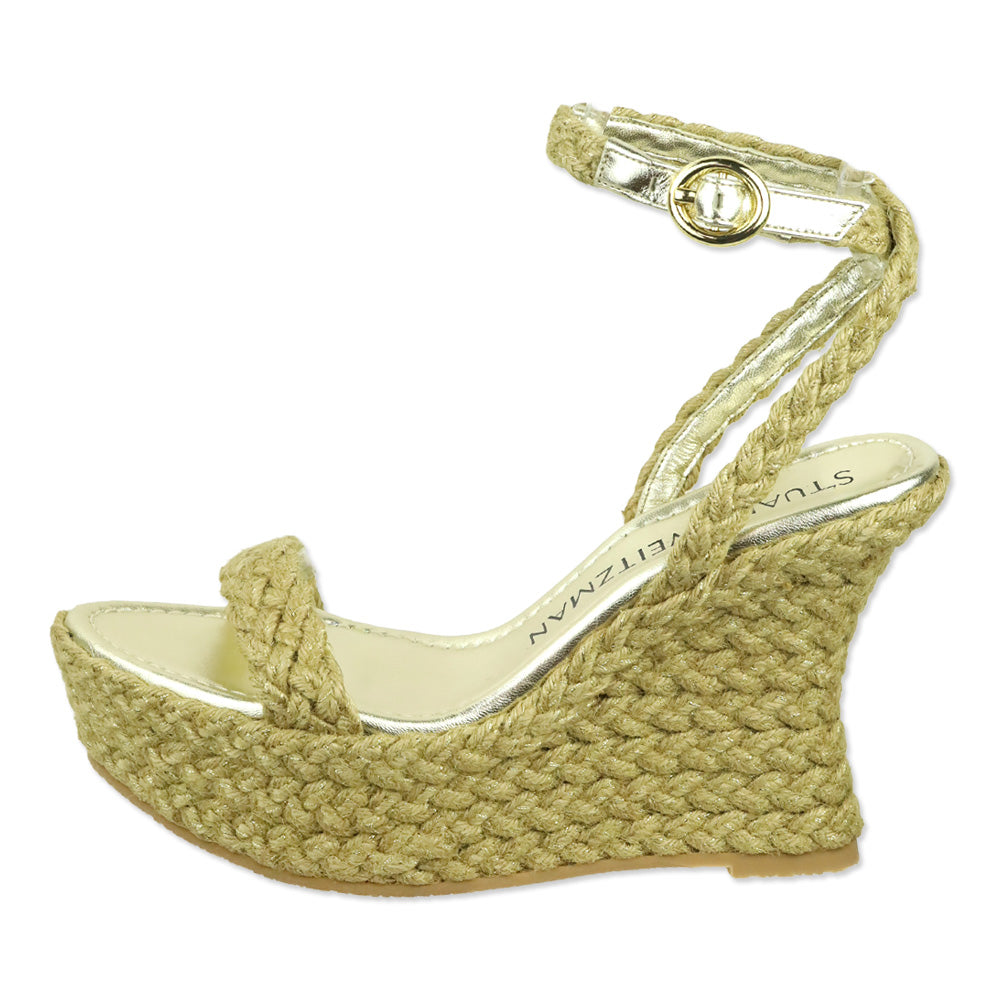 Stuart Weitzman Gold Braided Jute Slingback Platform Wedge Sandal