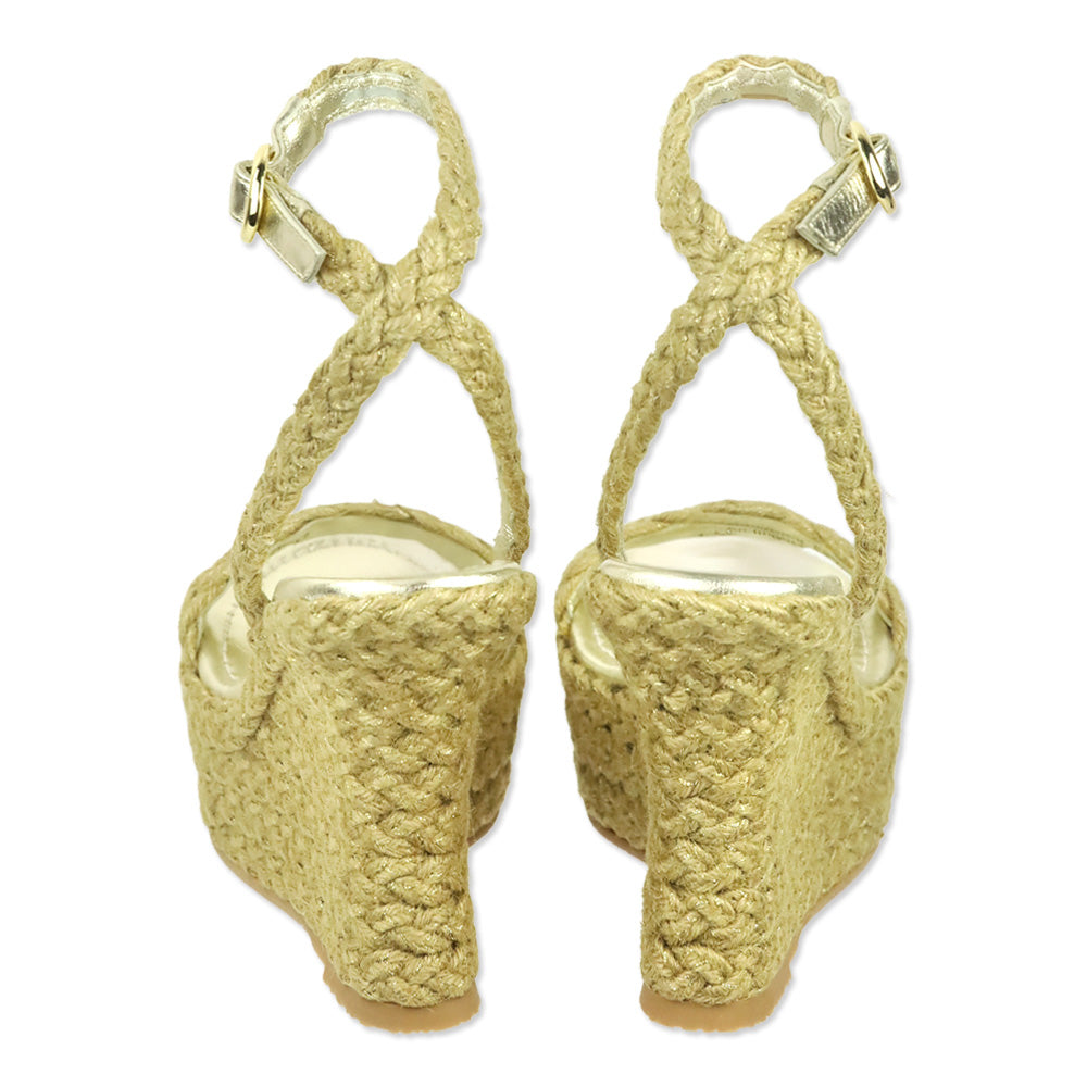 Stuart Weitzman Gold Braided Jute Slingback Platform Wedge Sandal