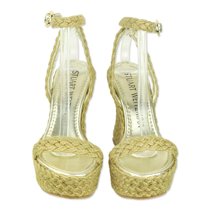 Stuart Weitzman Gold Braided Jute Slingback Platform Wedge Sandal