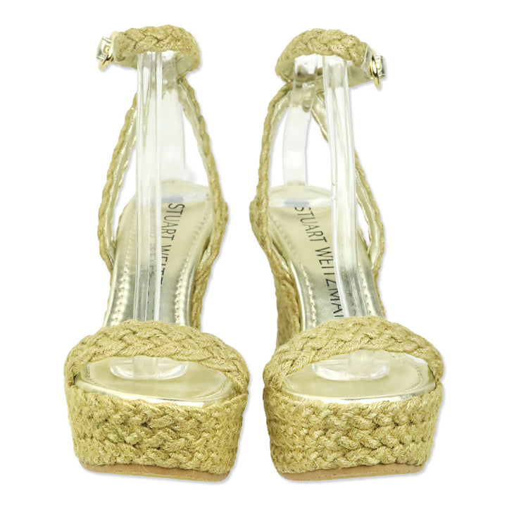 Stuart Weitzman Gold Braided Jute Slingback Platform Wedge Sandal