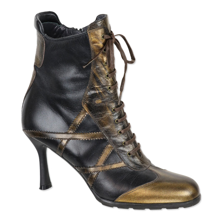 Stuart Weitzman Gold/Black Leather Mid-Calf Lace-Up Sneaker Booties