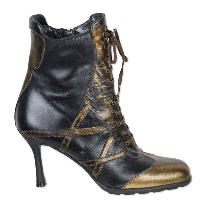 Stuart Weitzman Gold/Black Leather Mid-Calf Lace-Up Sneaker Booties