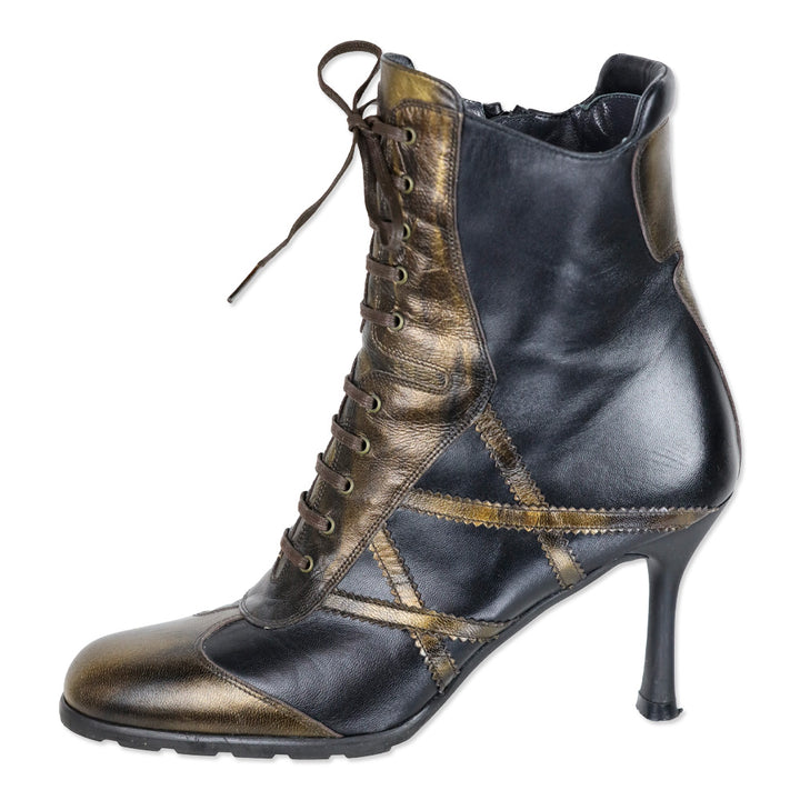Stuart Weitzman Gold/Black Leather Mid-Calf Lace-Up Sneaker Booties