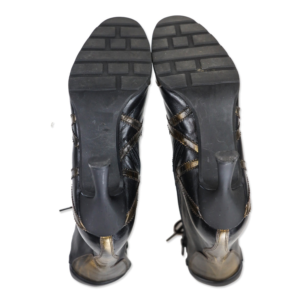Stuart Weitzman Gold/Black Leather Mid-Calf Lace-Up Sneaker Booties