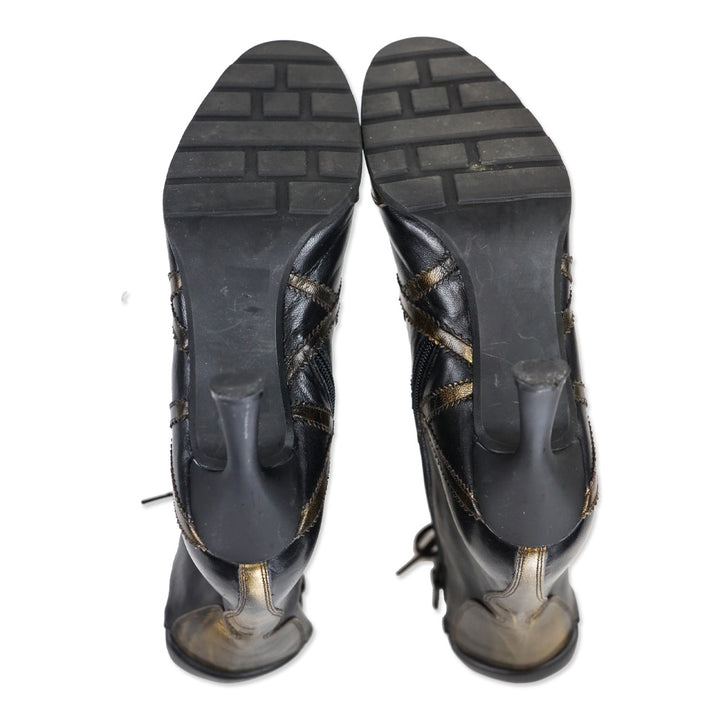Stuart Weitzman Gold/Black Leather Mid-Calf Lace-Up Sneaker Booties