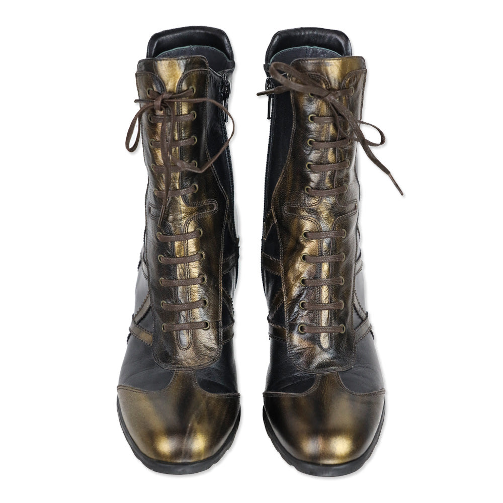 Stuart Weitzman Gold/Black Leather Mid-Calf Lace-Up Sneaker Booties