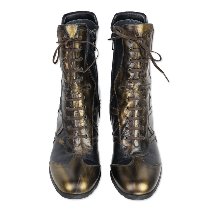 Stuart Weitzman Gold/Black Leather Mid-Calf Lace-Up Sneaker Booties