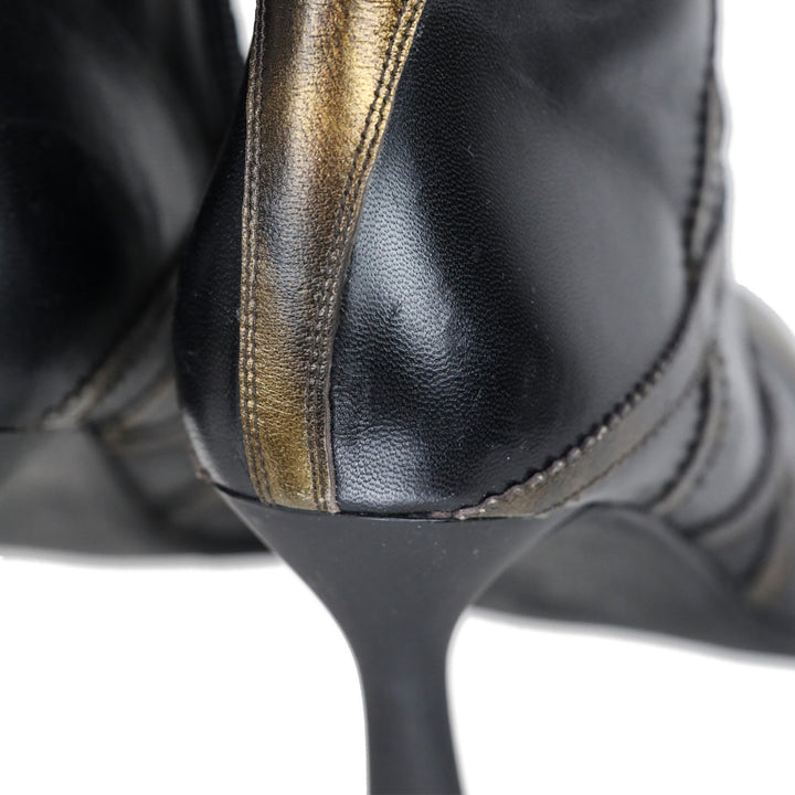 Stuart Weitzman Gold/Black Leather Mid-Calf Lace-Up Sneaker Booties