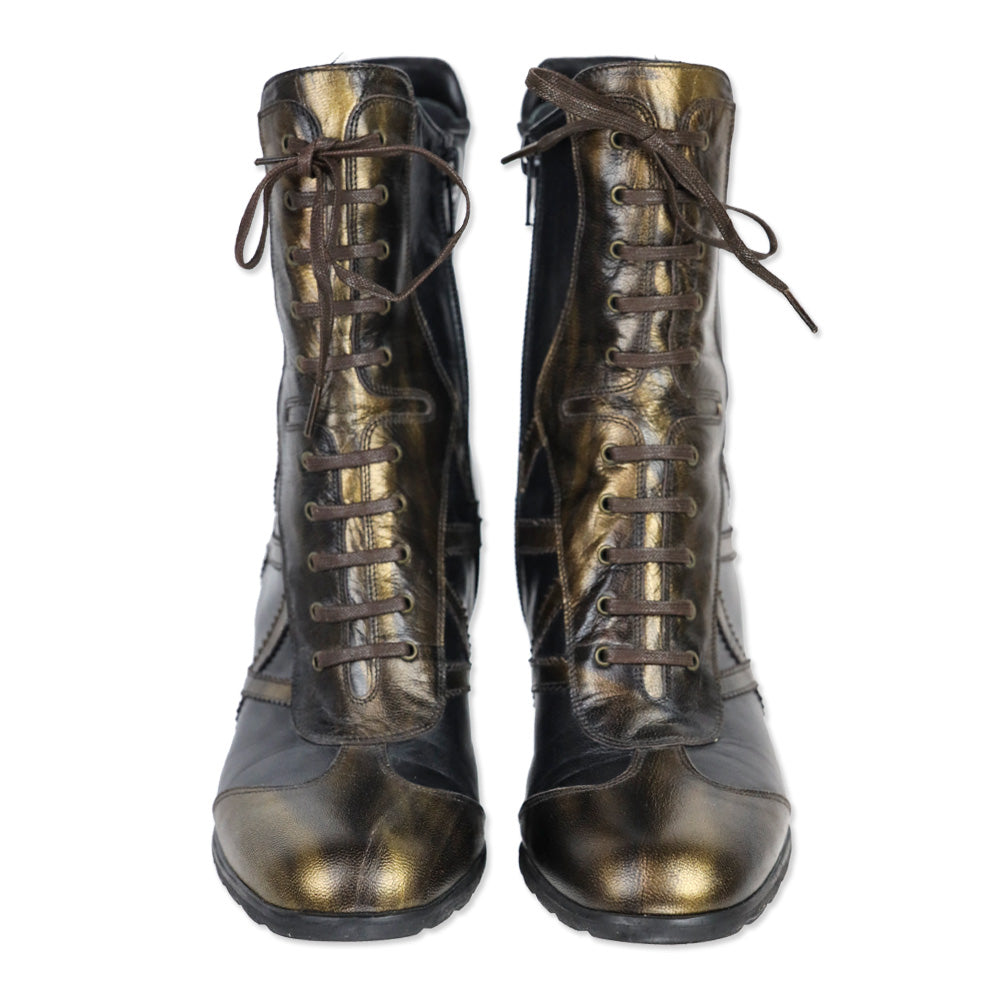 Stuart Weitzman Gold/Black Leather Mid-Calf Lace-Up Sneaker Booties