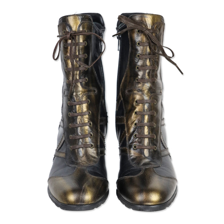 Stuart Weitzman Gold/Black Leather Mid-Calf Lace-Up Sneaker Booties