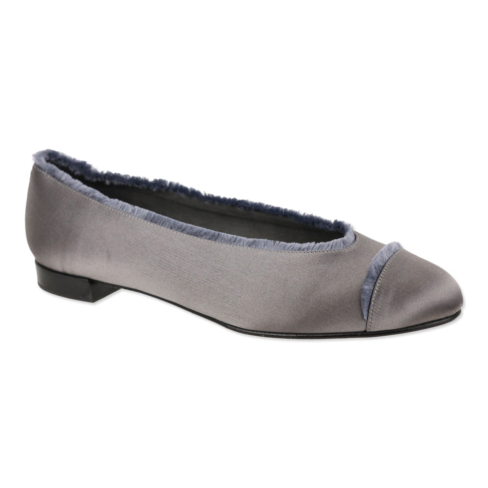 Stuart Weitzman Grey Satin Fur Trim Cap Toe Ballet Flats