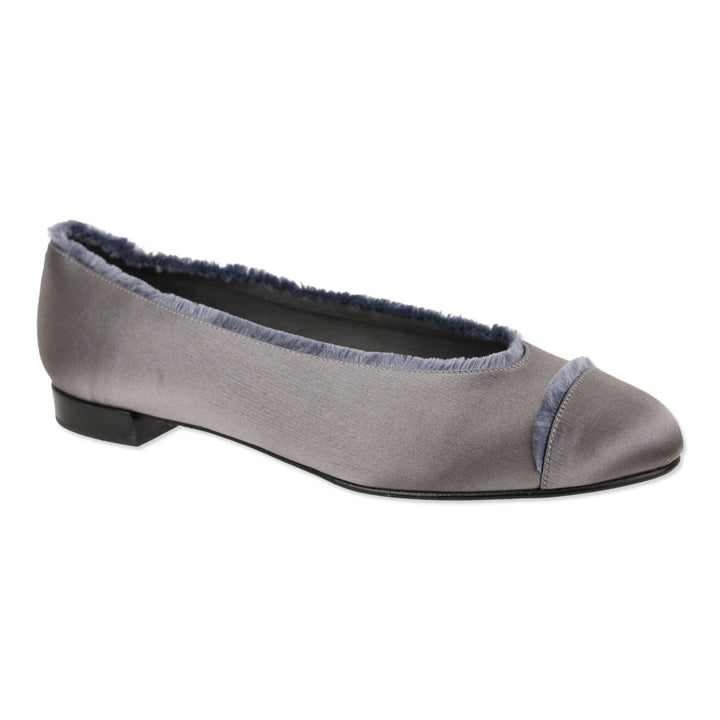 Stuart Weitzman Grey Satin Fur Trim Cap Toe Ballet Flats