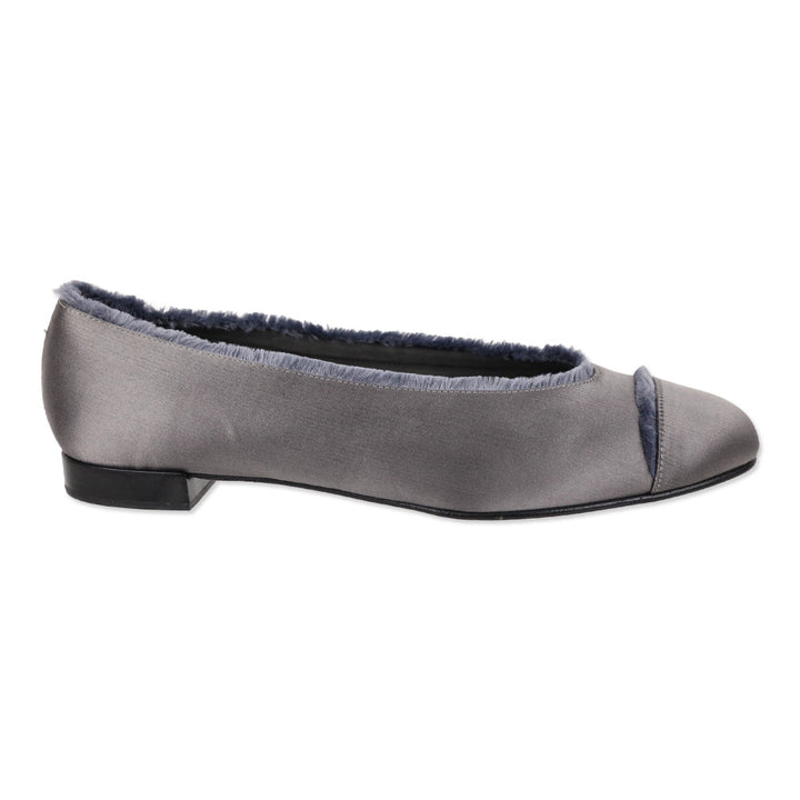 Stuart Weitzman Grey Satin Fur Trim Cap Toe Ballet Flats