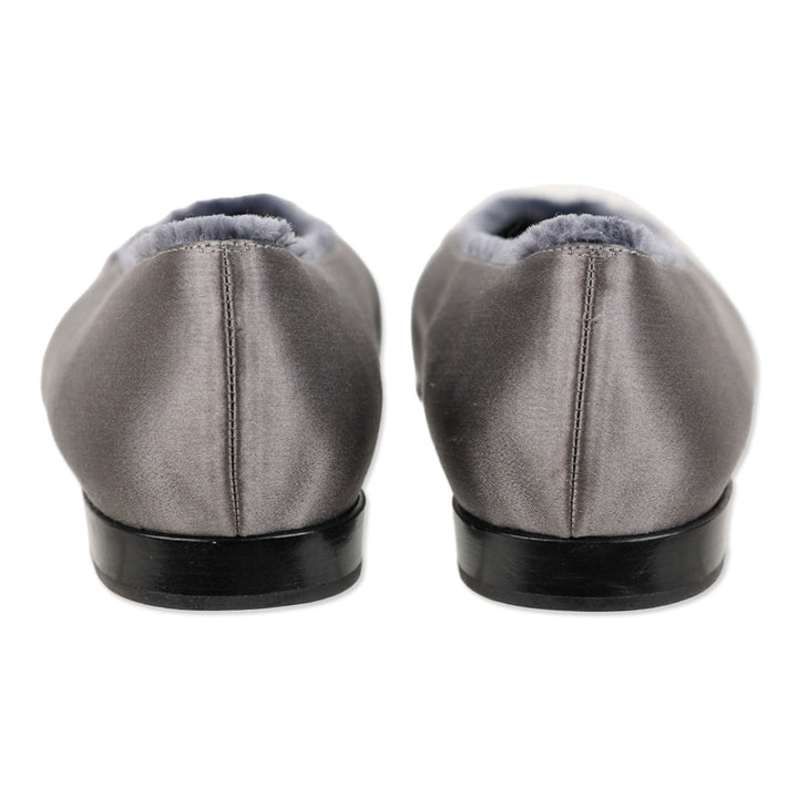 Stuart Weitzman Grey Satin Fur Trim Cap Toe Ballet Flats