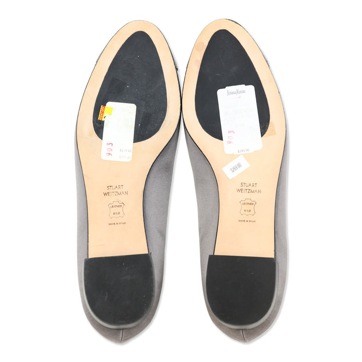 Stuart Weitzman Grey Satin Fur Trim Cap Toe Ballet Flats