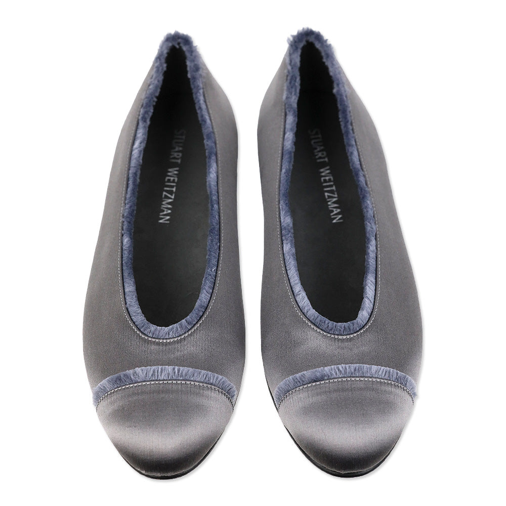 Stuart Weitzman Grey Satin Fur Trim Cap Toe Ballet Flats