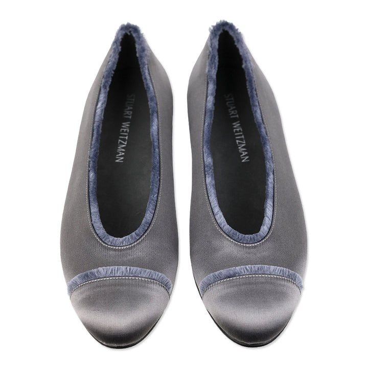 Stuart Weitzman Grey Satin Fur Trim Cap Toe Ballet Flats