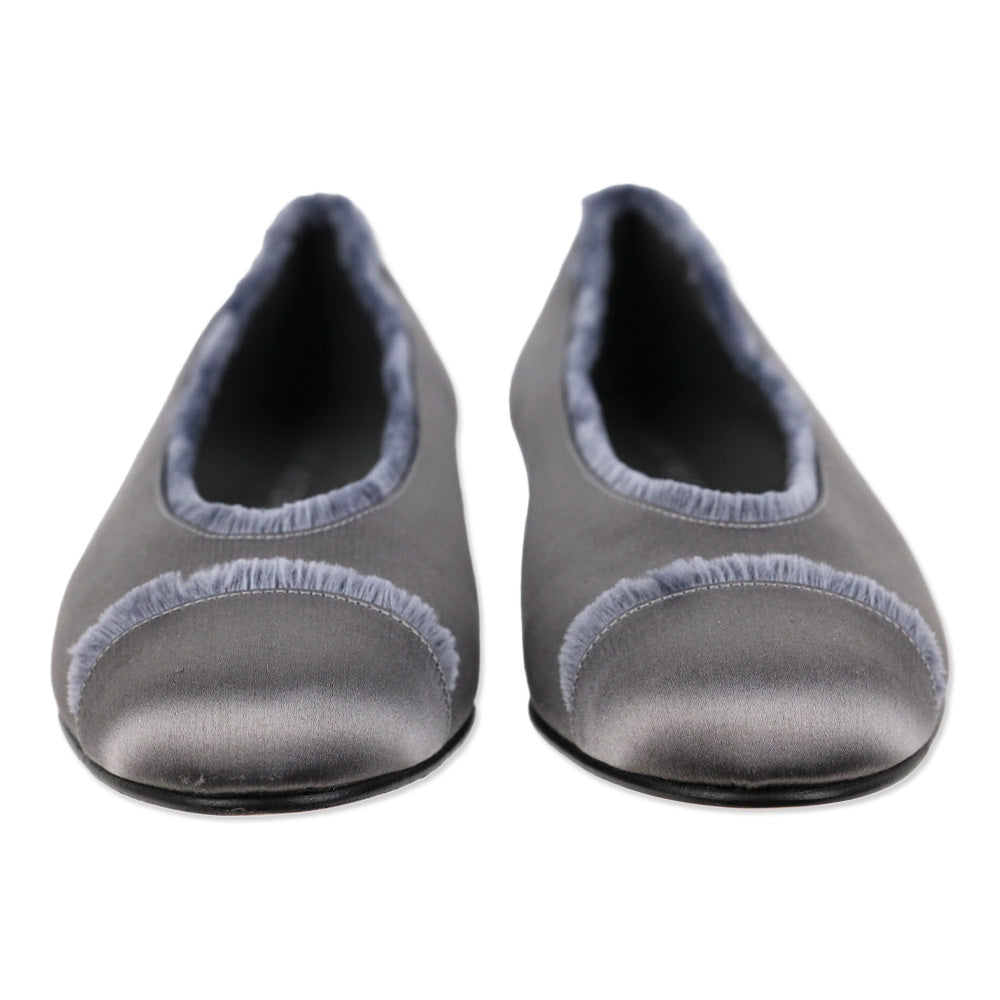 Stuart Weitzman Grey Satin Fur Trim Cap Toe Ballet Flats