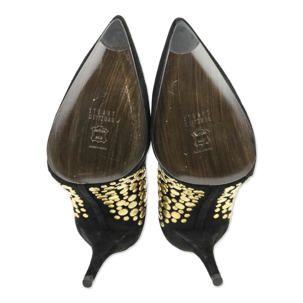 Stuart Weitzman Hispot Black Suede Bronze Studded Pump