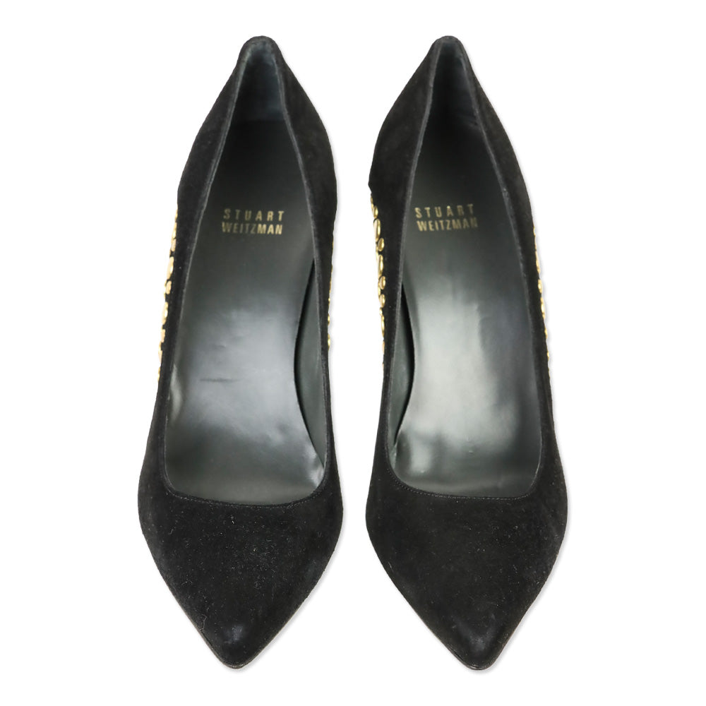 Stuart Weitzman Hispot Black Suede Bronze Studded Pump