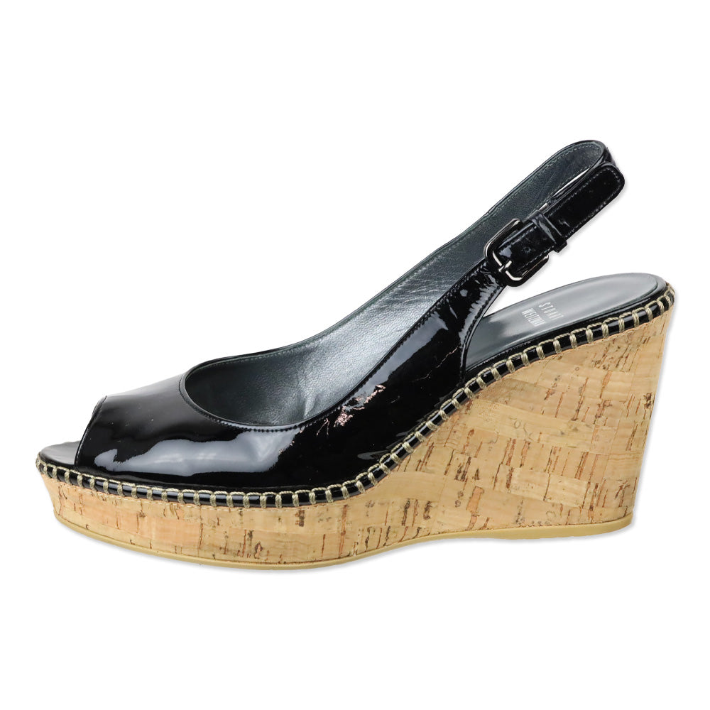 Stuart Weitzman Jean Black Patent Leather Slingback Peep-Toe Cork Wedge Sandals