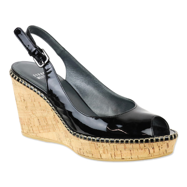 Stuart Weitzman Jean Black Patent Leather Slingback Peep-Toe Cork Wedge Sandals