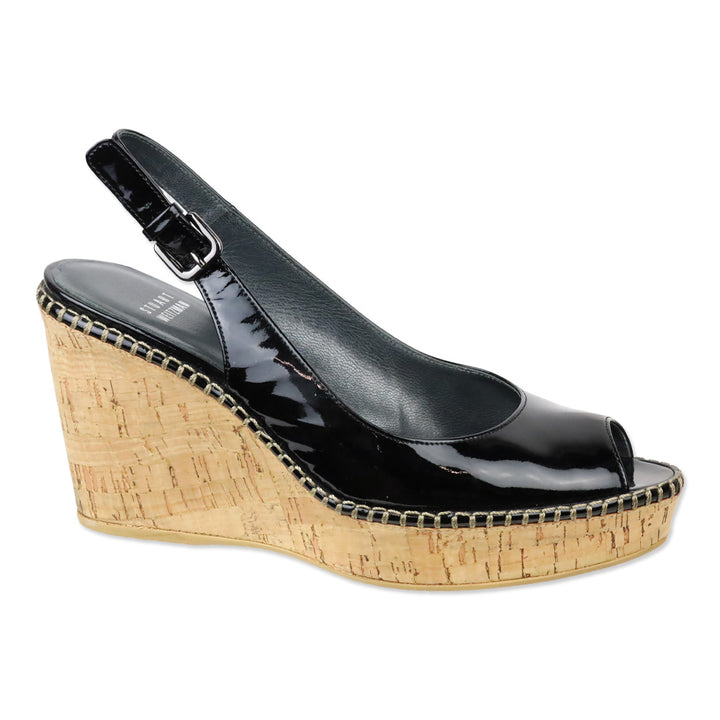 Stuart Weitzman Jean Black Patent Leather Slingback Peep-Toe Cork Wedge Sandals