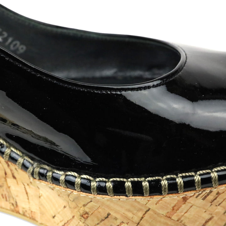 Stuart Weitzman Jean Black Patent Leather Slingback Peep-Toe Cork Wedge Sandals