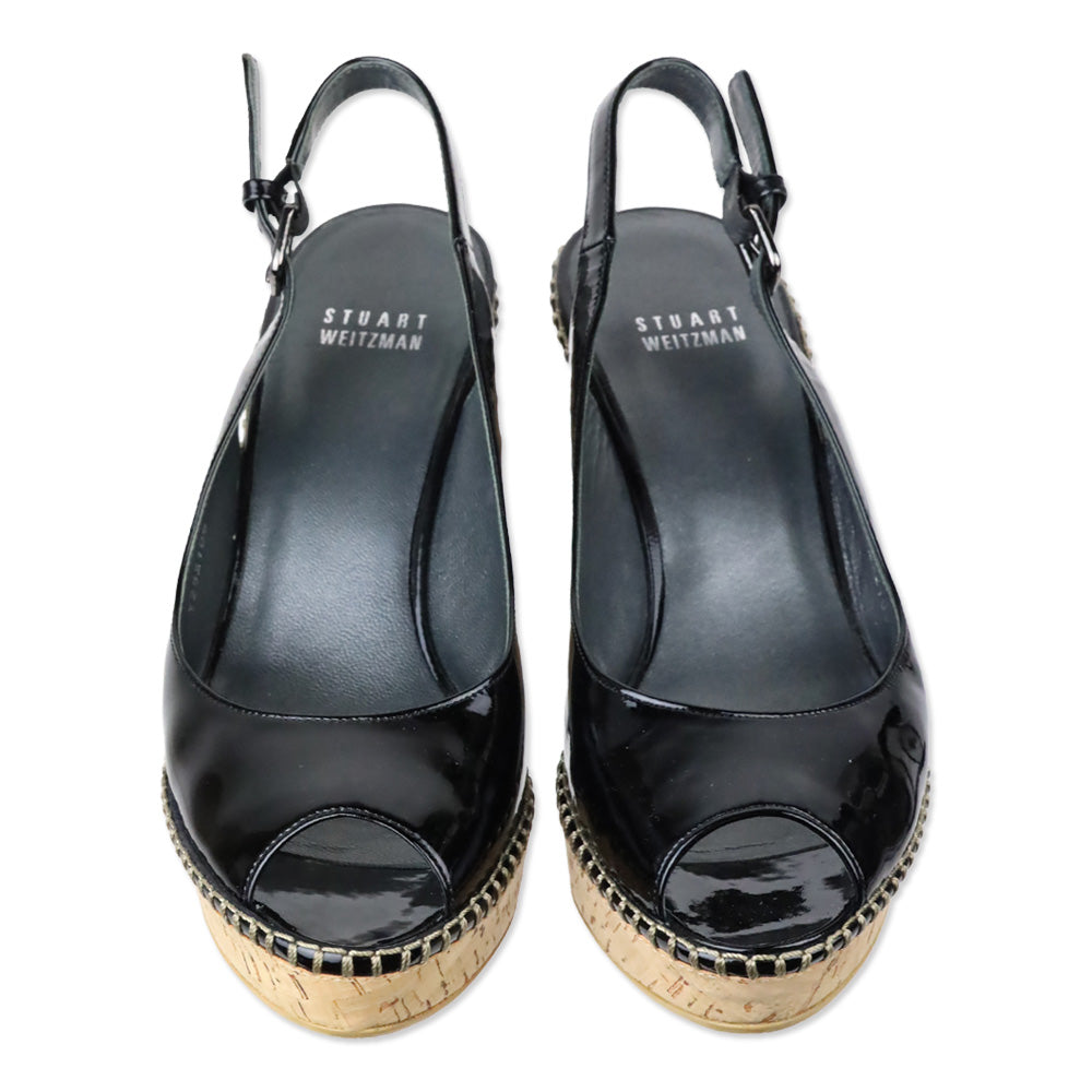 Stuart Weitzman Jean Black Patent Leather Slingback Peep-Toe Cork Wedge Sandals