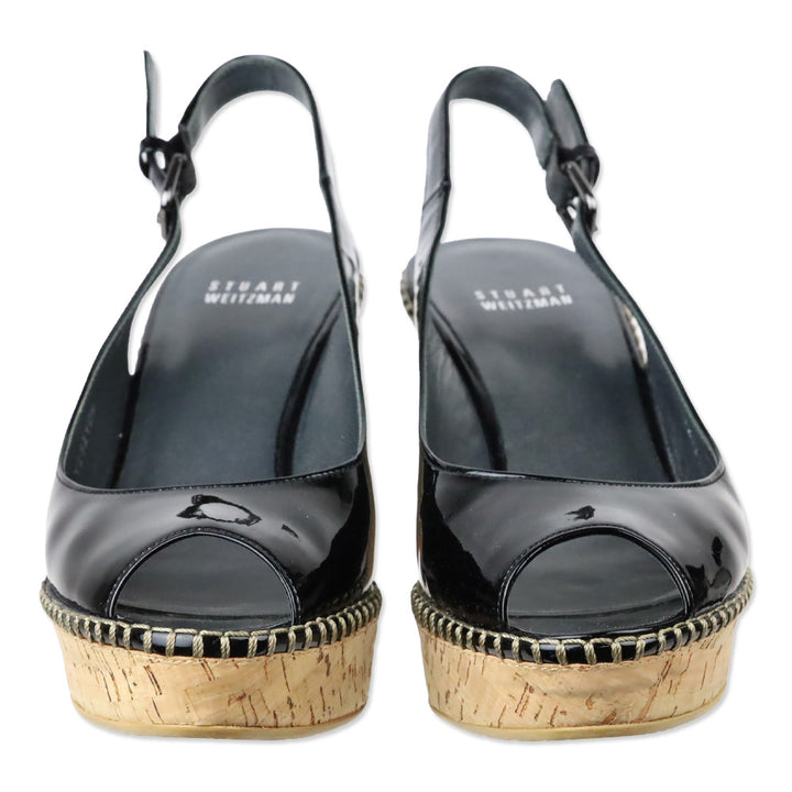 Stuart Weitzman Jean Black Patent Leather Slingback Peep-Toe Cork Wedge Sandals