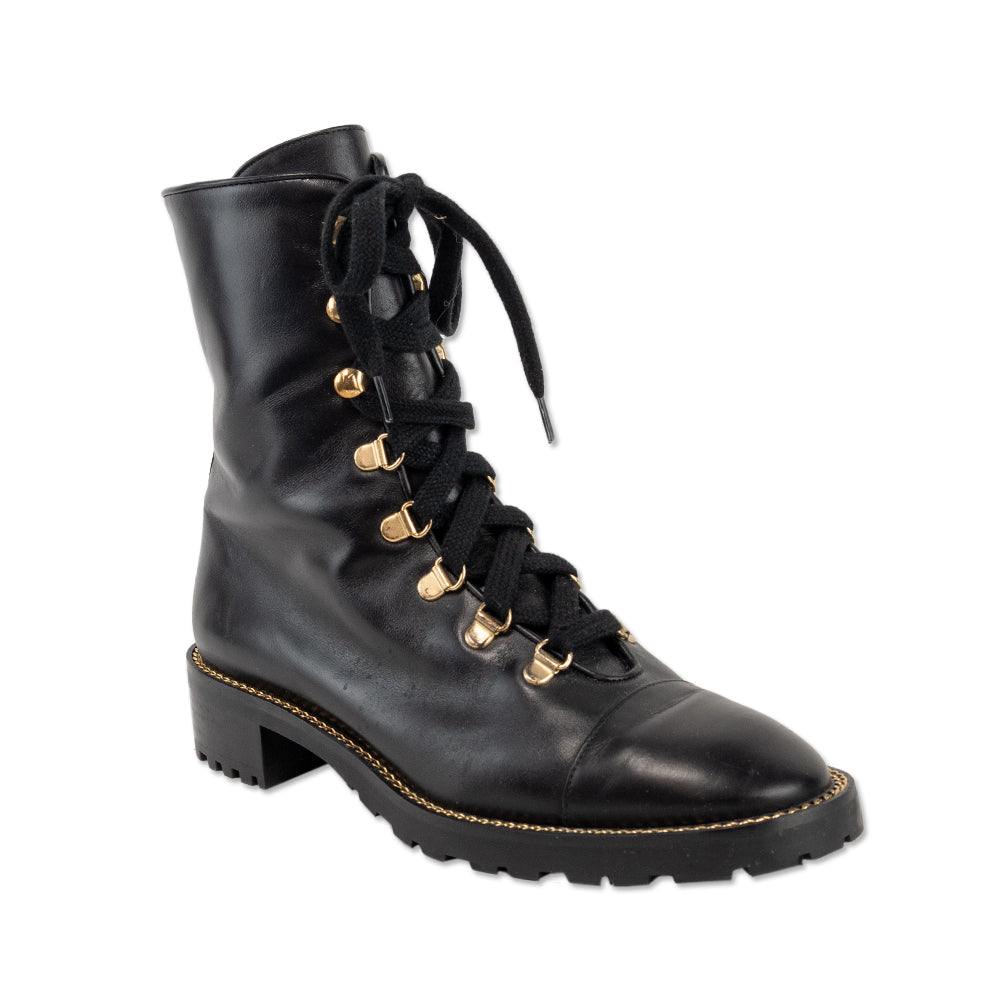 Stuart Weitzman Kolbie Black Leather Chain Combat Boots