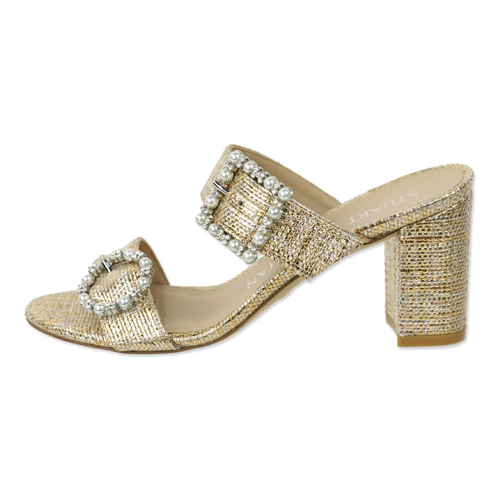 Stuart Weitzman Metallic Raffia Pearl Geo Buckle 75 Slide