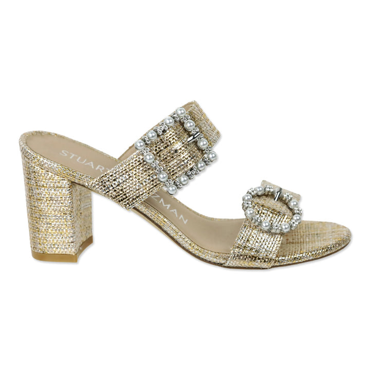 Stuart Weitzman Metallic Raffia Pearl Geo Buckle 75 Slide