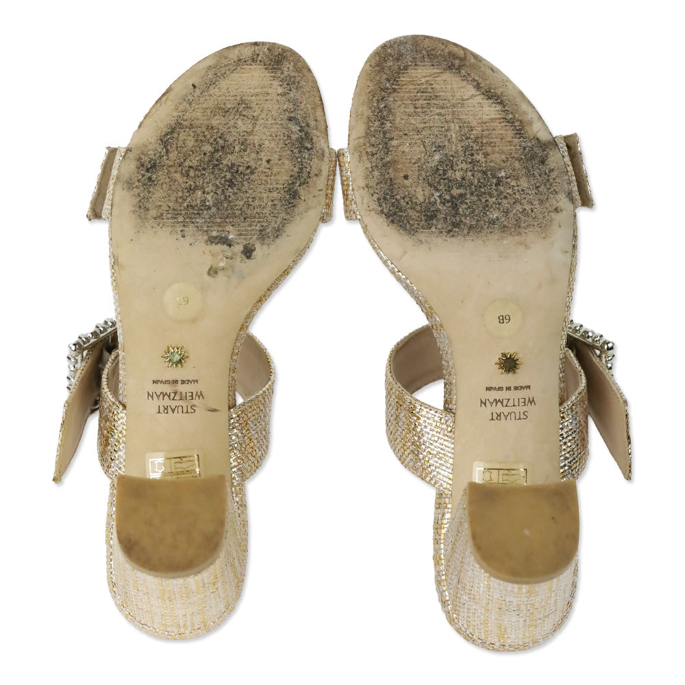 Stuart Weitzman Metallic Raffia Pearl Geo Buckle 75 Slide