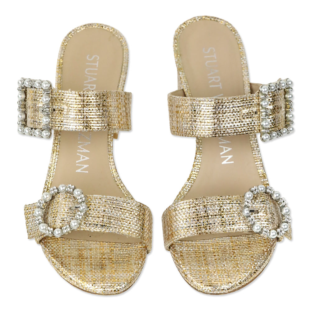 Stuart Weitzman Metallic Raffia Pearl Geo Buckle 75 Slide