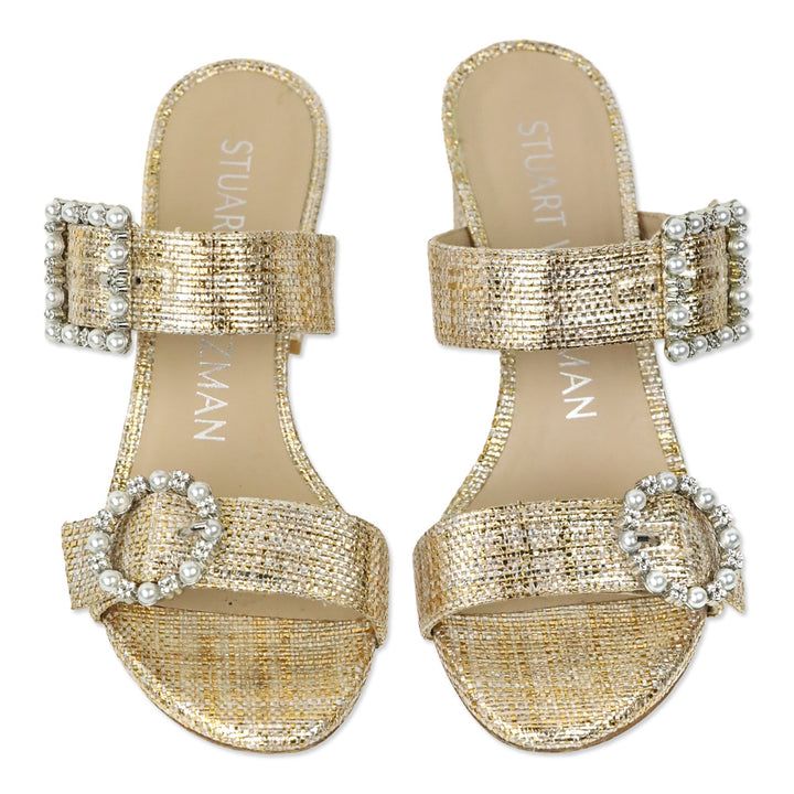 Stuart Weitzman Metallic Raffia Pearl Geo Buckle 75 Slide