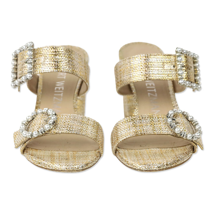 Stuart Weitzman Metallic Raffia Pearl Geo Buckle 75 Slide