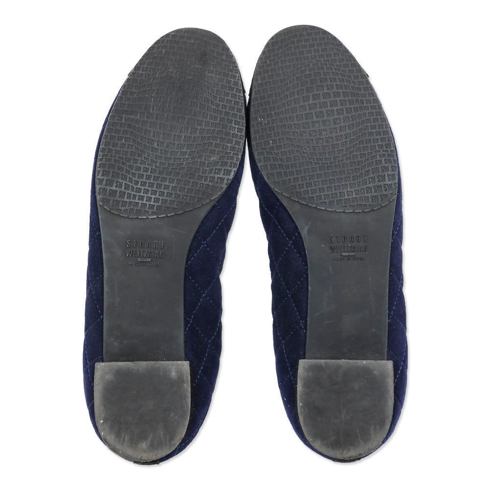 Stuart Weitzman Navy/Black Round Toe Quilted Suede Flats