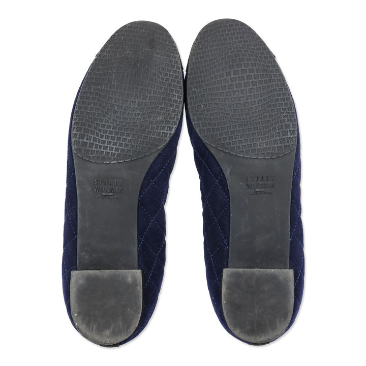 Stuart Weitzman Navy/Black Round Toe Quilted Suede Flats