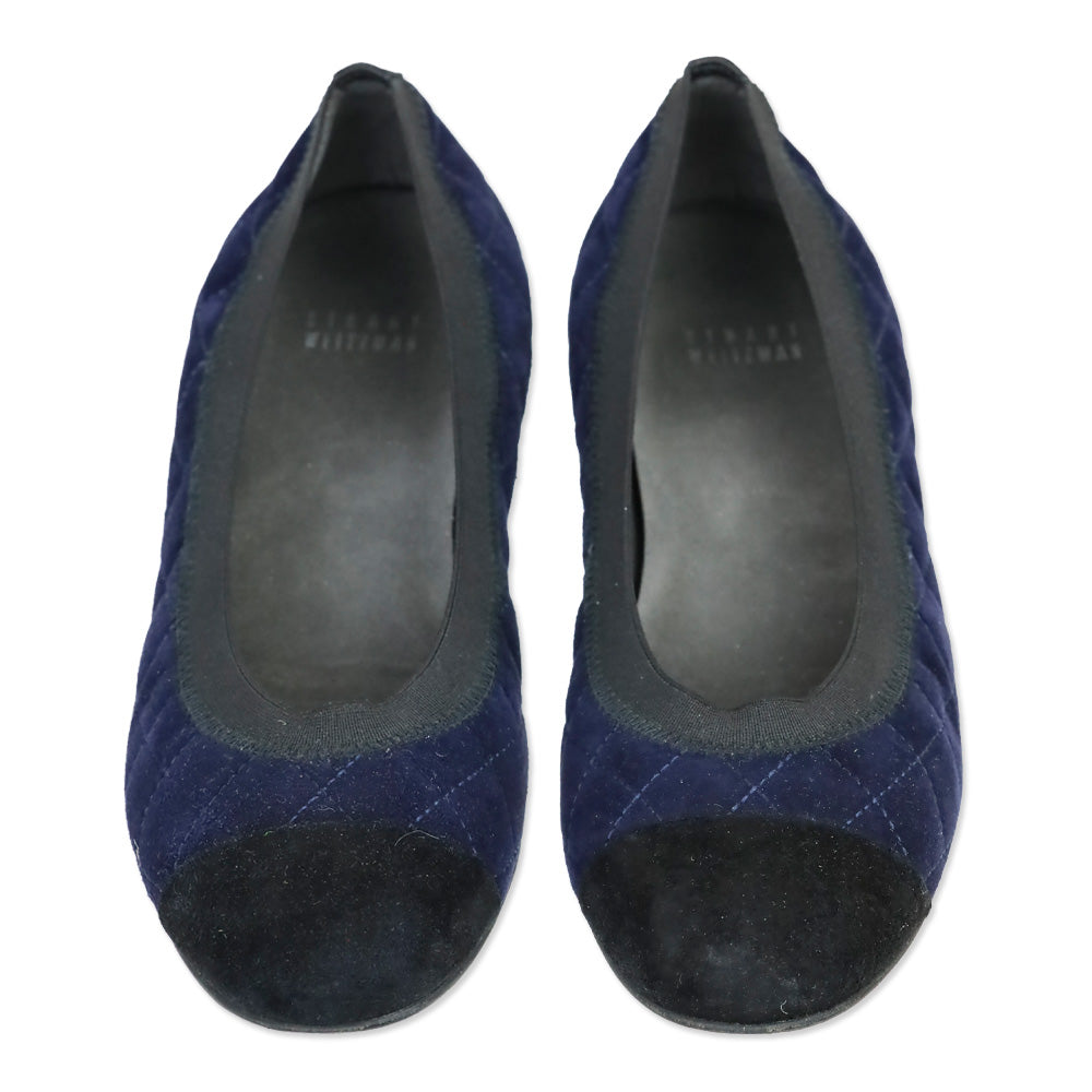 Stuart Weitzman Navy/Black Round Toe Quilted Suede Flats
